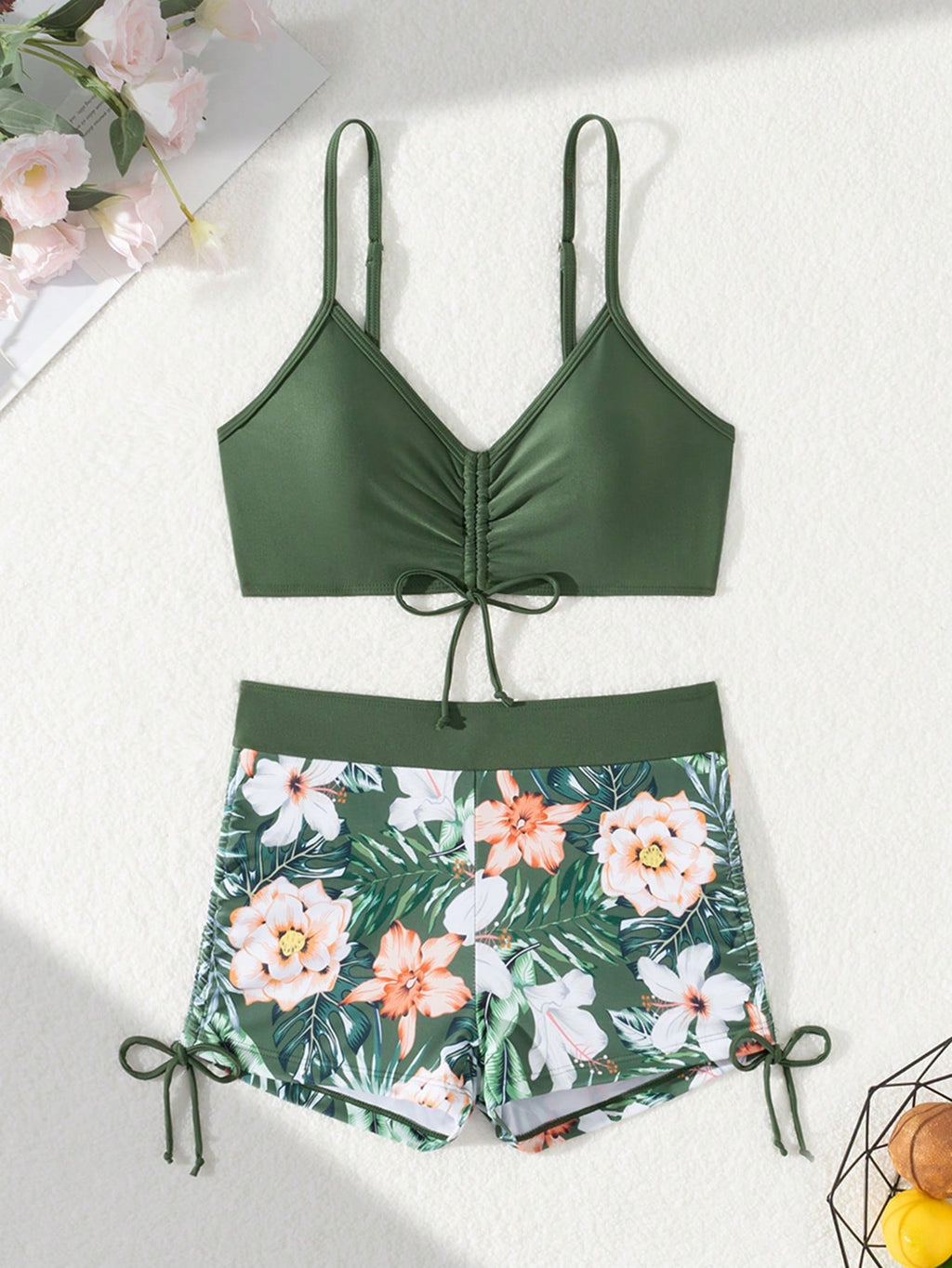 Green Floral Print Wrap-Around Bikini Bottom, Suitable For Various