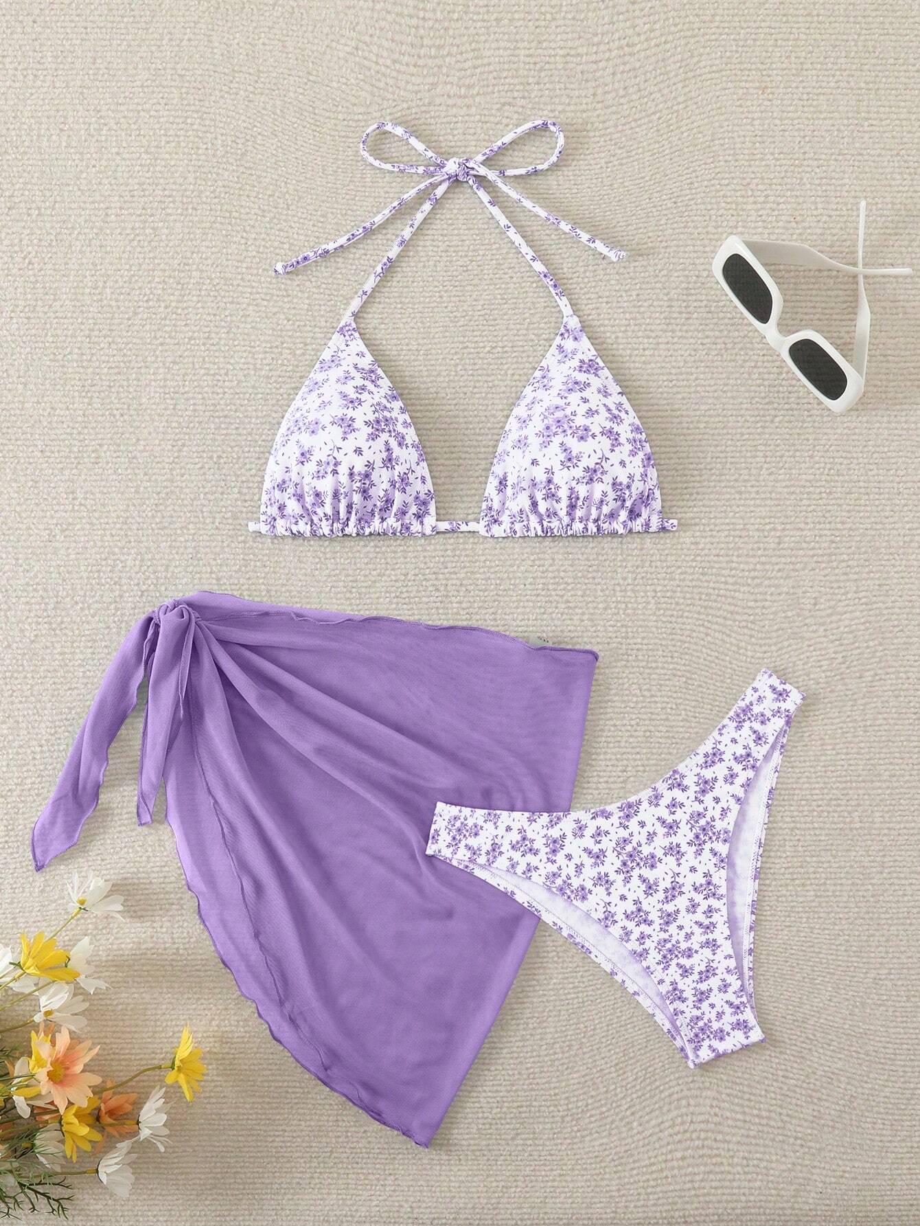 Swim Mod Women's Summer Beach Floral Print Halter Tie Sexy Bikini And