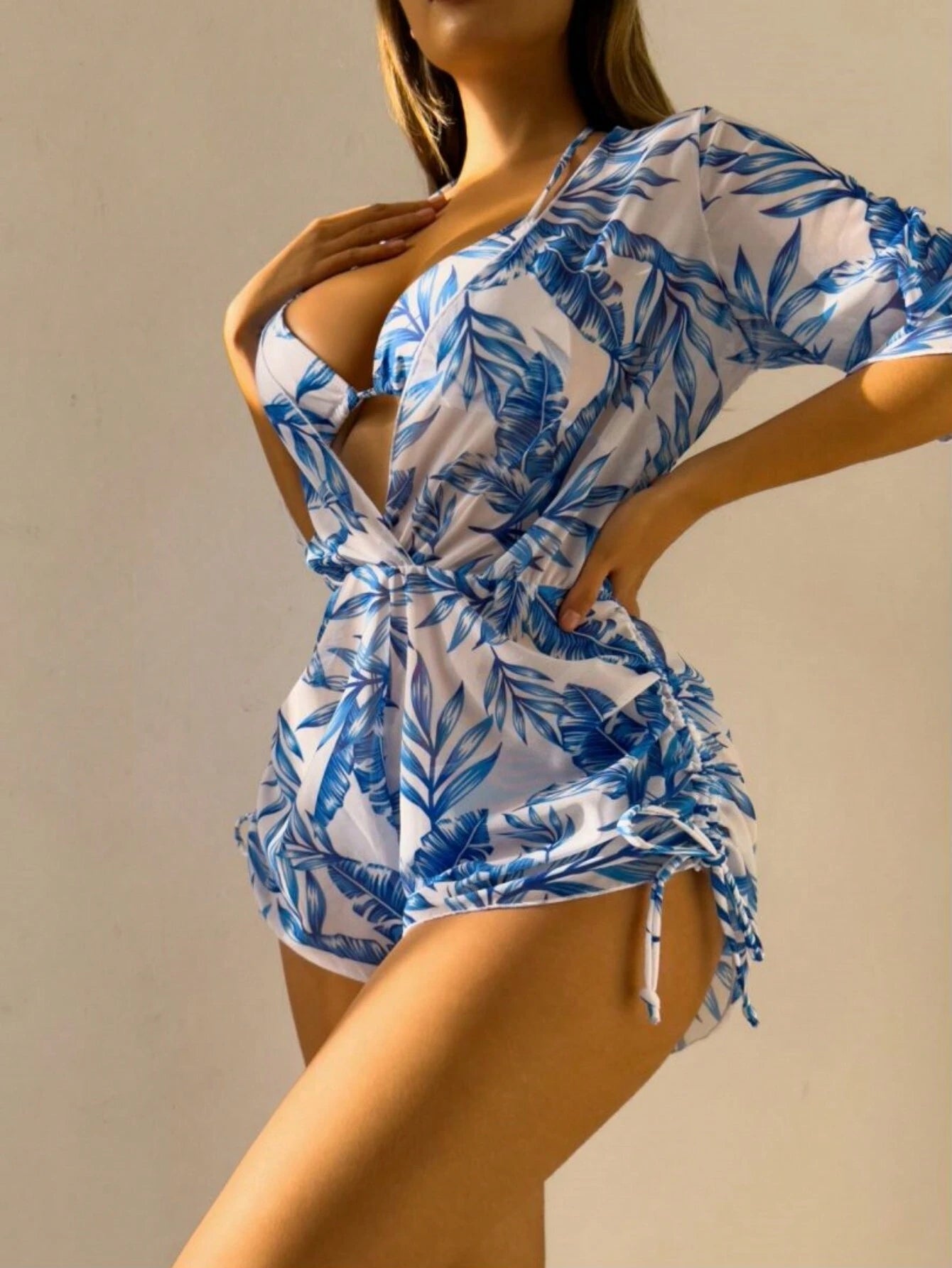 3pcs/Set Women's Tropical Plants Print Halter Tie Bikini Set With