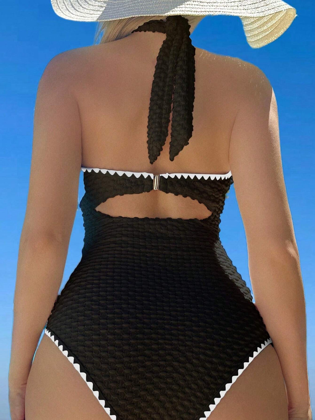 Swim Mod Contrast Binding Cut Out Halter Summer Beach One Piece Swimsuit - image 2