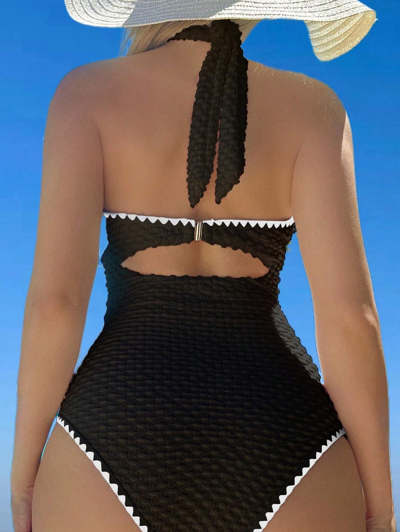 Swim Mod Contrast Binding Cut Out Halter Summer Beach One Piece Swimsuit - image 2