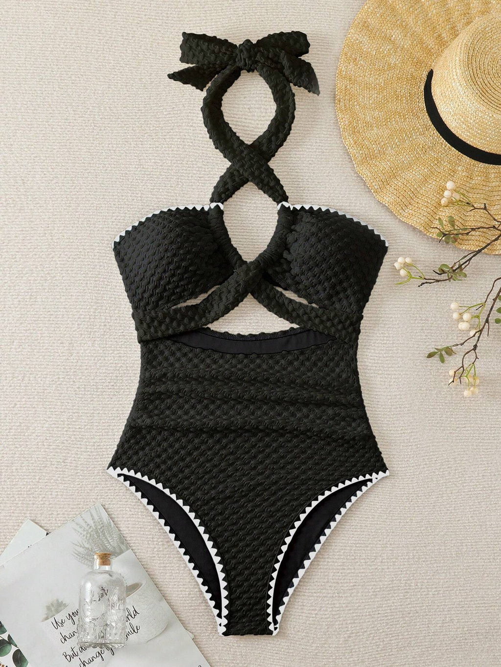 Swim Mod Contrast Binding Cut Out Halter Summer Beach One Piece Swimsuit - image 3