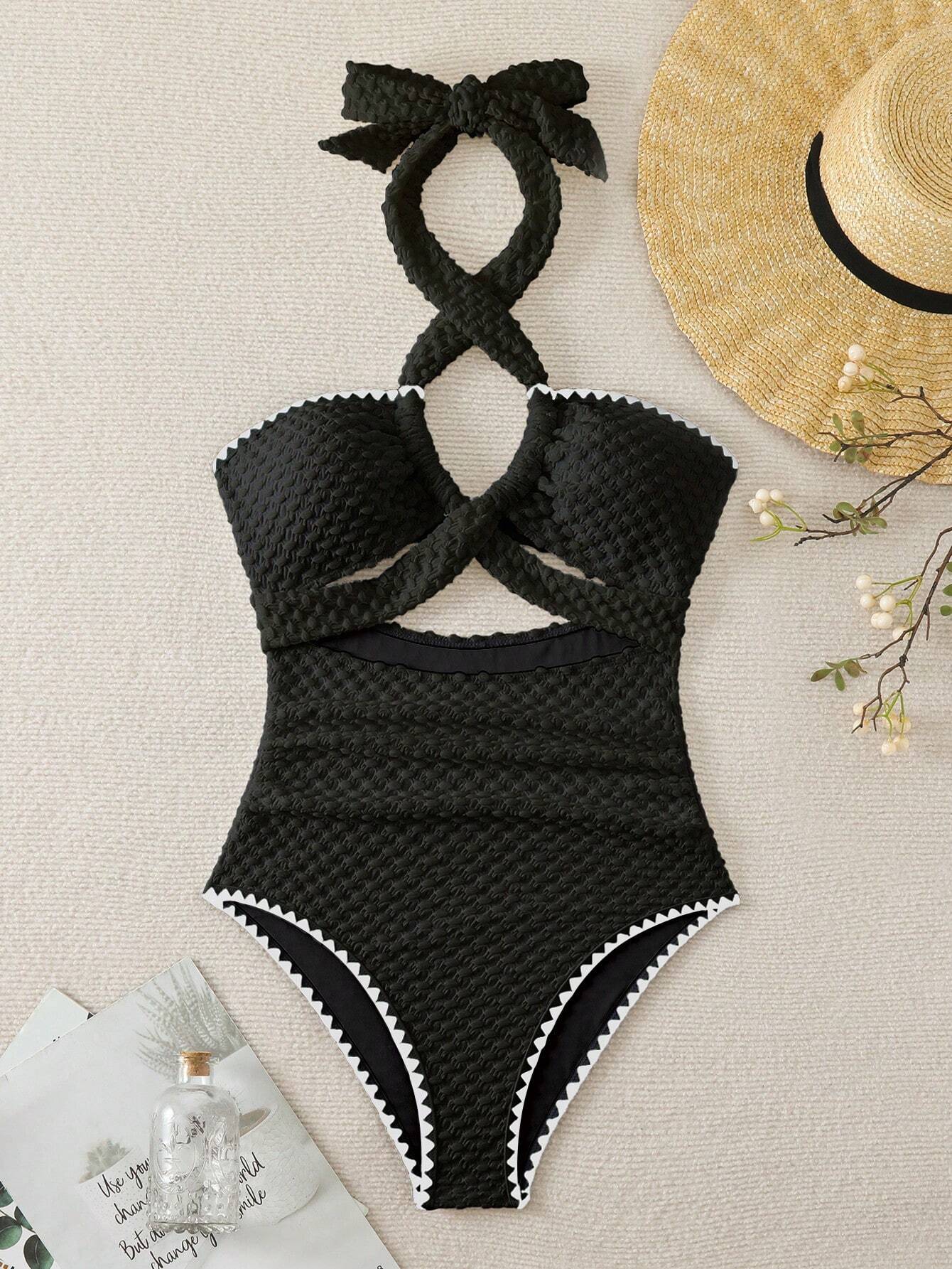 Swim Mod Contrast Binding Cut Out Halter Summer Beach One Piece Swimsuit - image 3