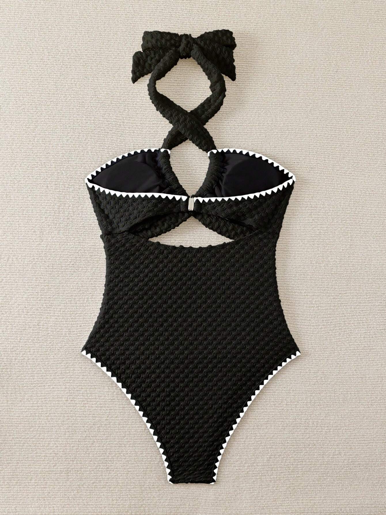 Swim Mod Contrast Binding Cut Out Halter Summer Beach One Piece Swimsuit - image 5