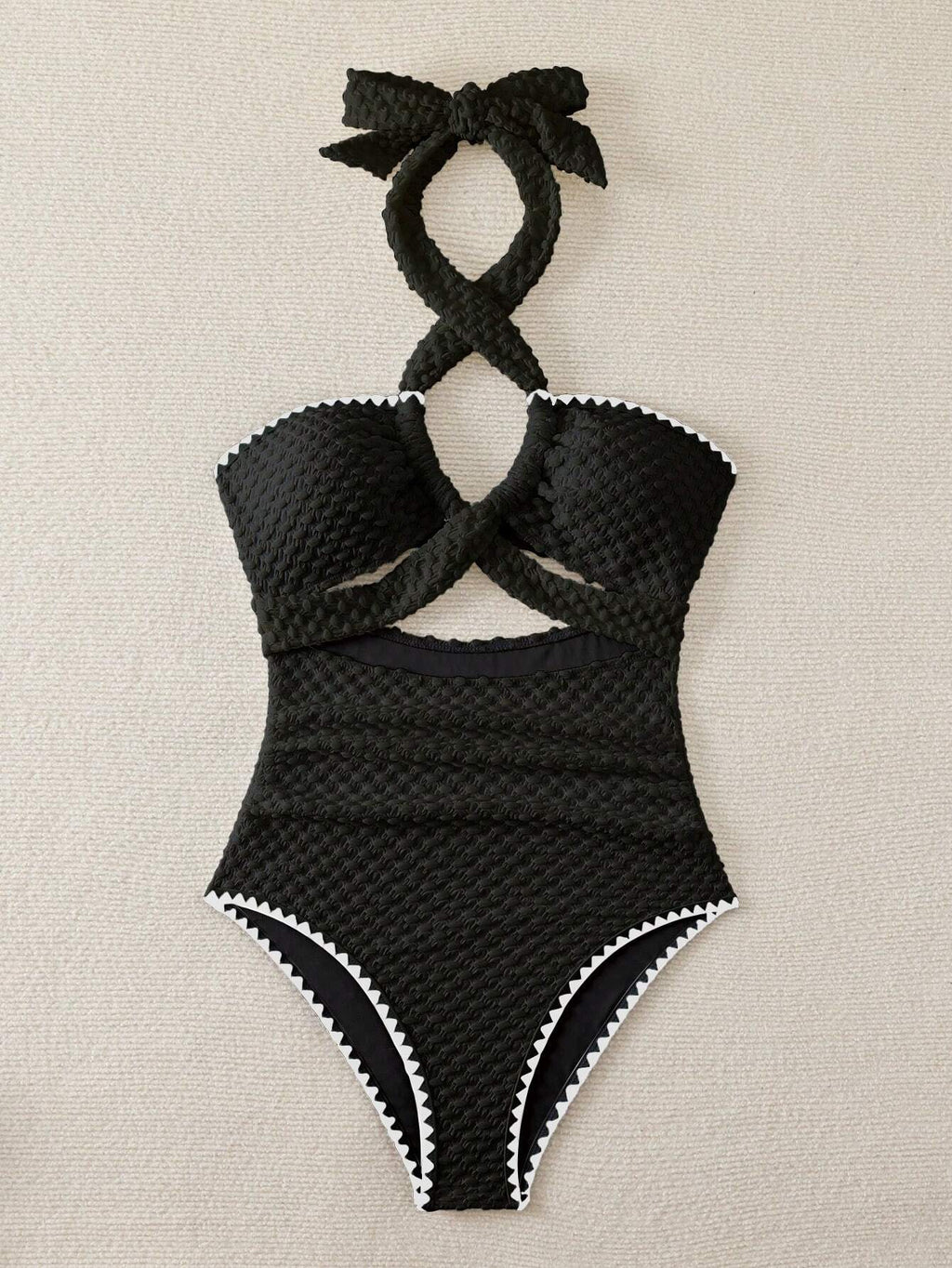 Swim Mod Contrast Binding Cut Out Halter Summer Beach One Piece Swimsuit - image 8