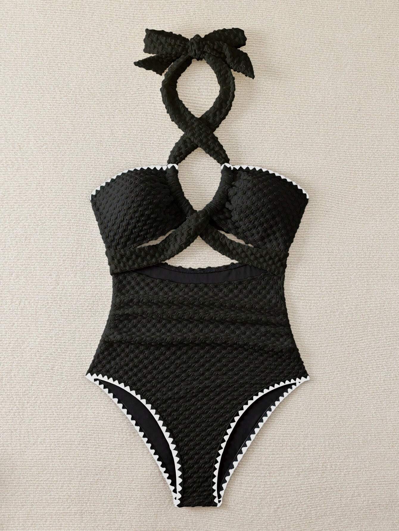 Swim Mod Contrast Binding Cut Out Halter Summer Beach One Piece Swimsuit - image 8