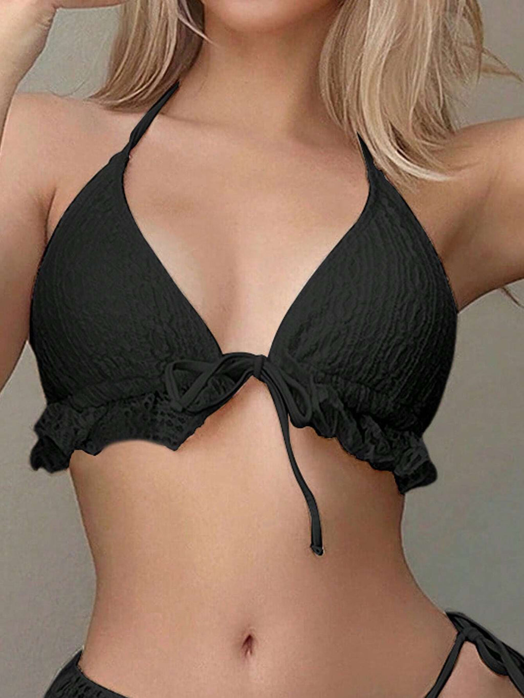Swim Mod 3pcs Women's Solid Color Halter Strap Sexy Bikini Set, With