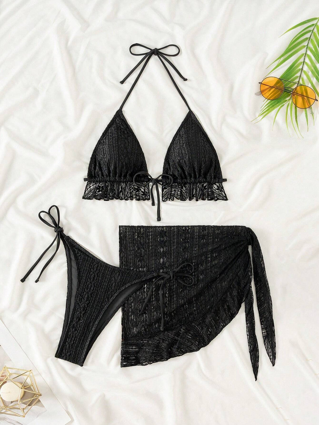 Swim Mod 3pcs Women's Solid Color Halter Strap Sexy Bikini Set, With