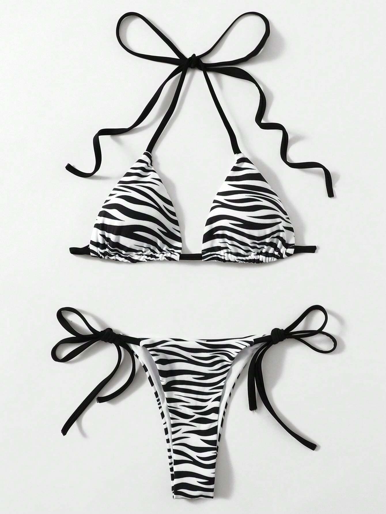 Swim 2pcs/Set 2025 Women Zebra Print Halter Tie Sexy Bikini Set,