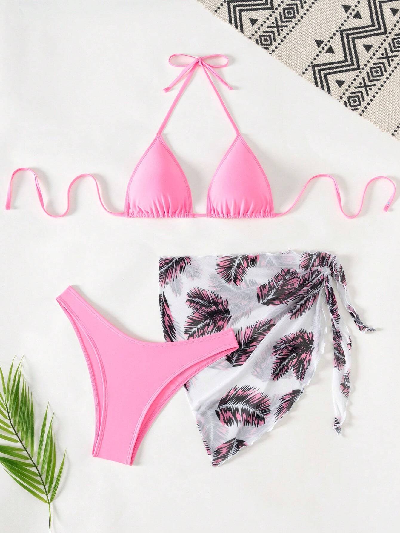 Swim Vcay Summer Beach Leaf Print Bikini Set Halter Triangle Bra &