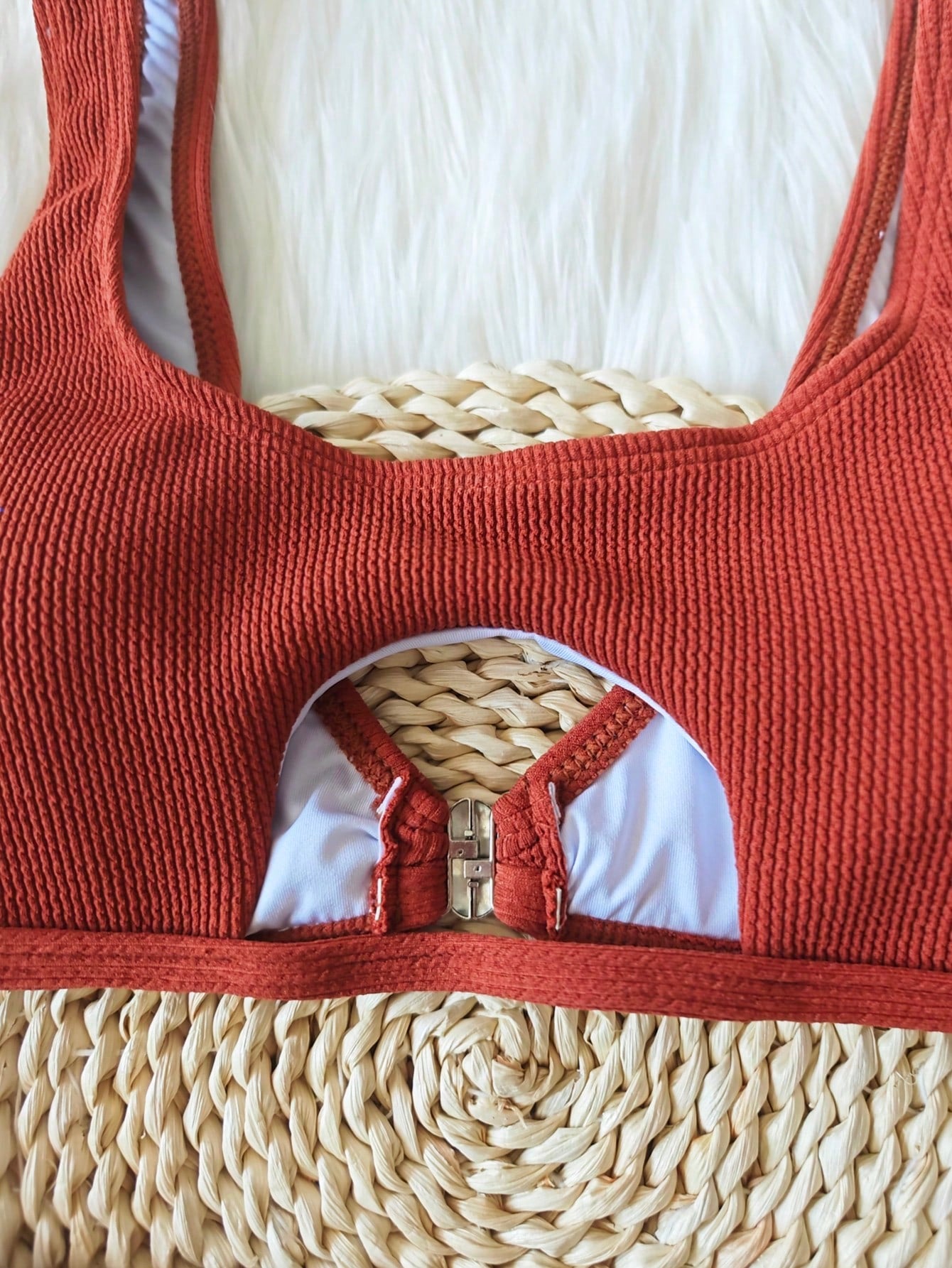 2pcs/Set Ribbed Hollow Out Round Neck Sexy Solid Color Bikini Set,