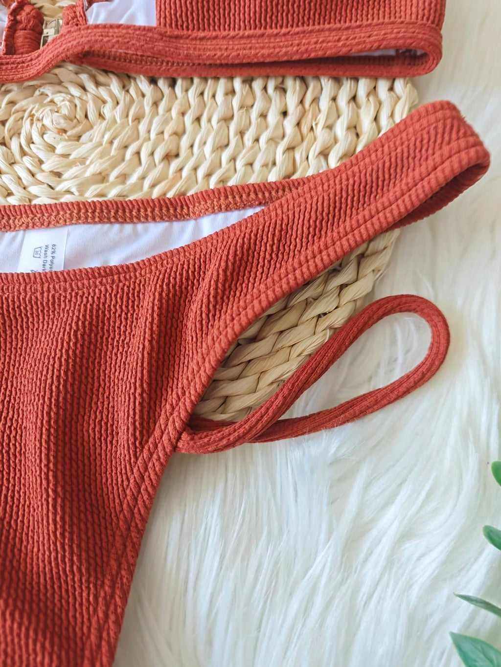 2pcs/Set Ribbed Hollow Out Round Neck Sexy Solid Color Bikini Set,