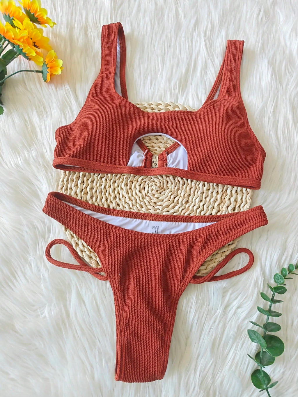 2pcs/Set Ribbed Hollow Out Round Neck Sexy Solid Color Bikini Set,