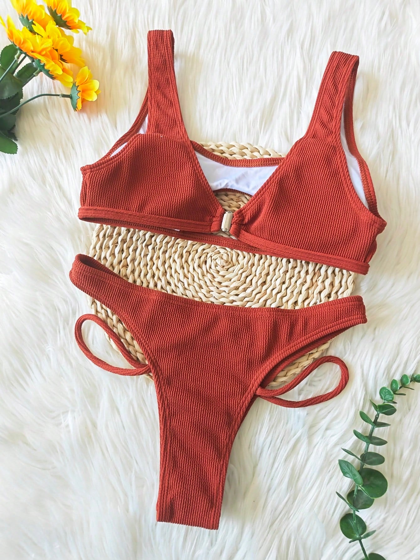 2pcs/Set Ribbed Hollow Out Round Neck Sexy Solid Color Bikini Set,