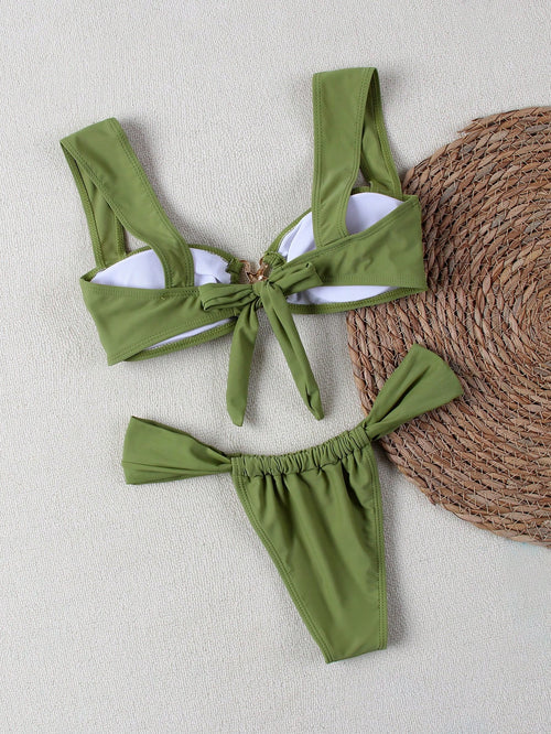American Fashion Resort Beach Solid Color Bandeau Bikini Set Summer