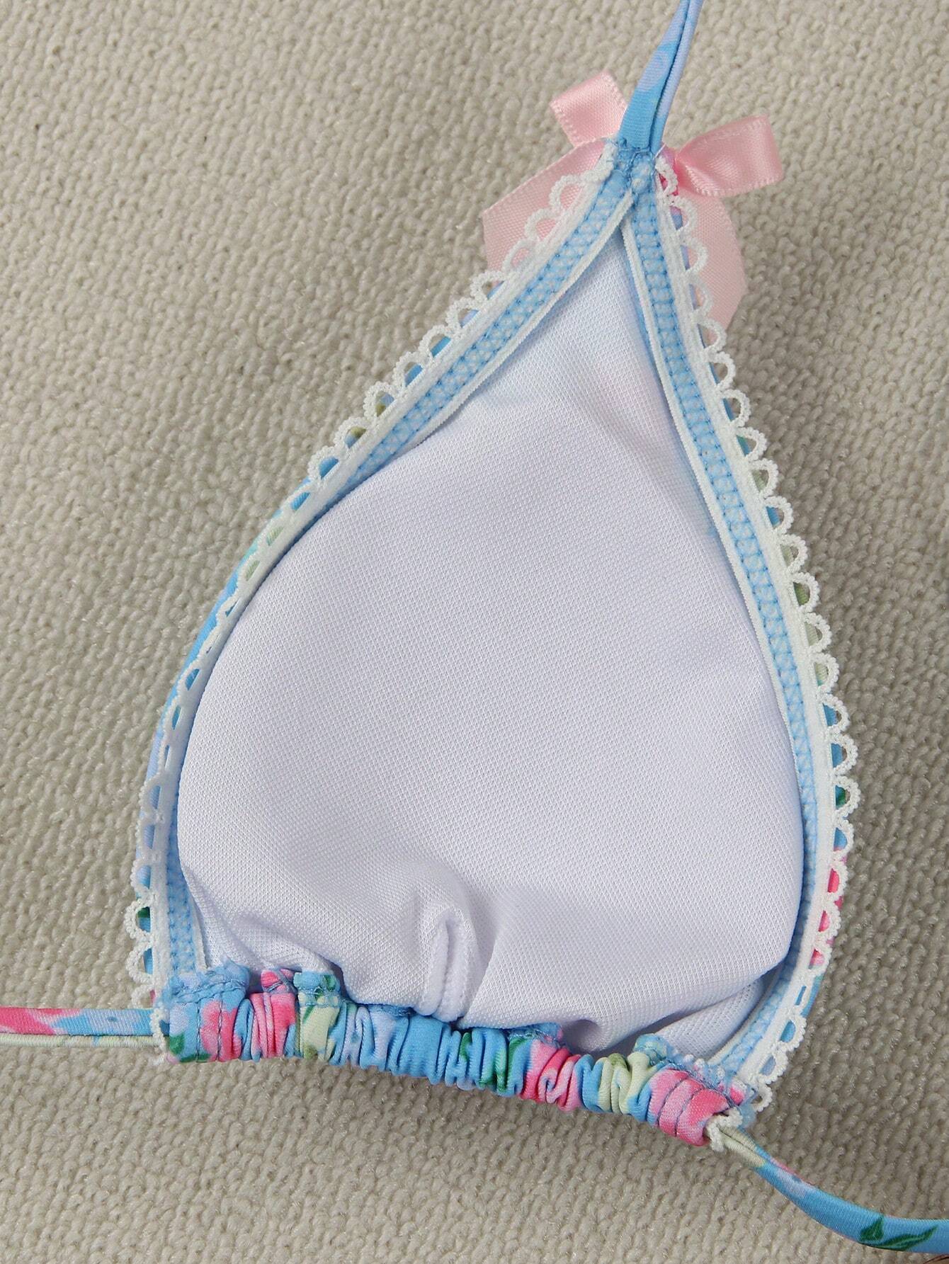 New Arrival Blue Floral Print Bikini Set With Bow Decor, Elegant Sexy Swimwear F