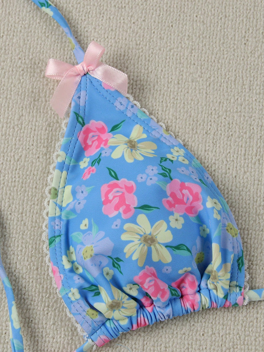 New Arrival Blue Floral Print Bikini Set With Bow Decor, Elegant Sexy Swimwear F