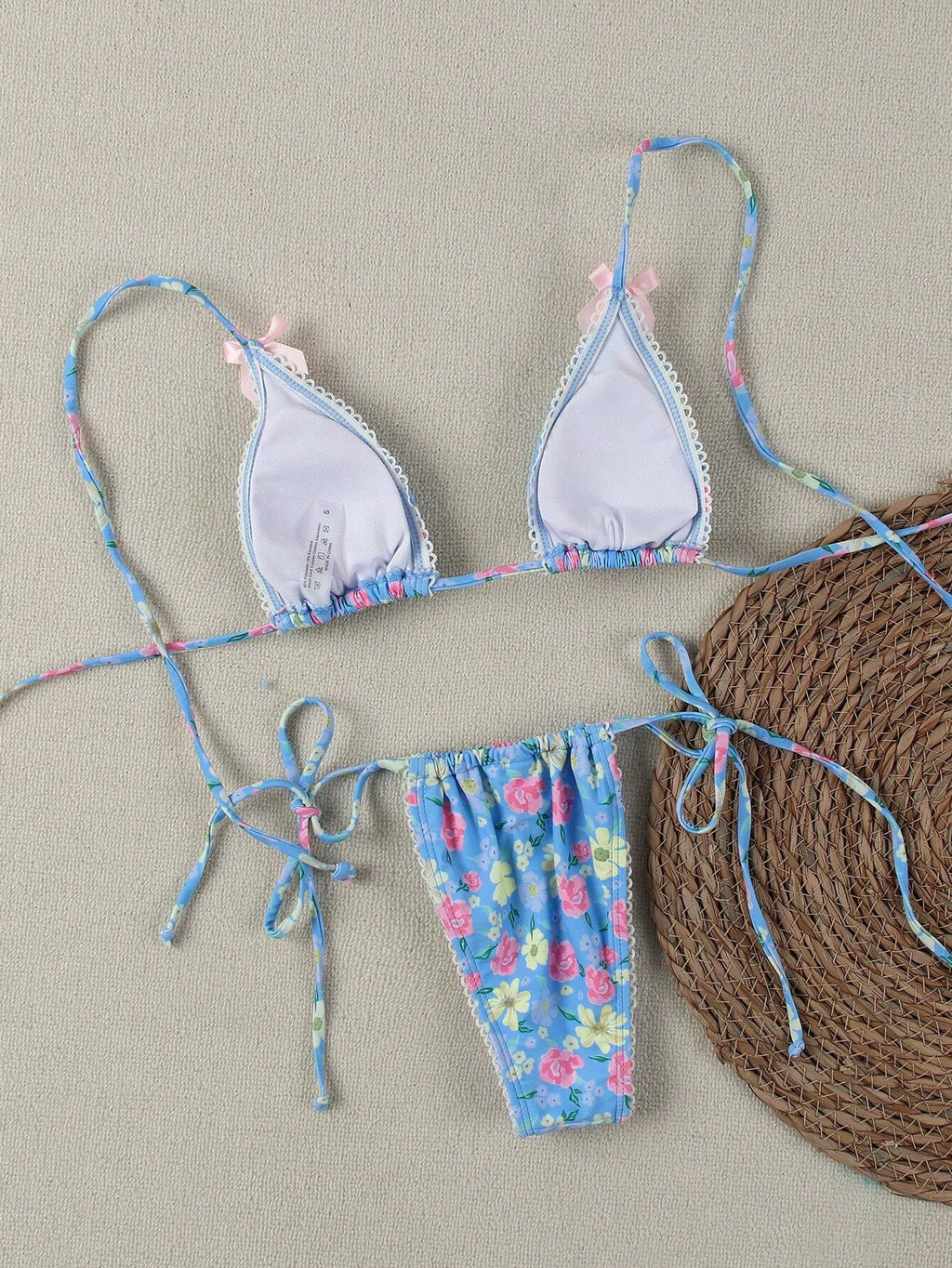 New Arrival Blue Floral Print Bikini Set With Bow Decor, Elegant Sexy Swimwear F