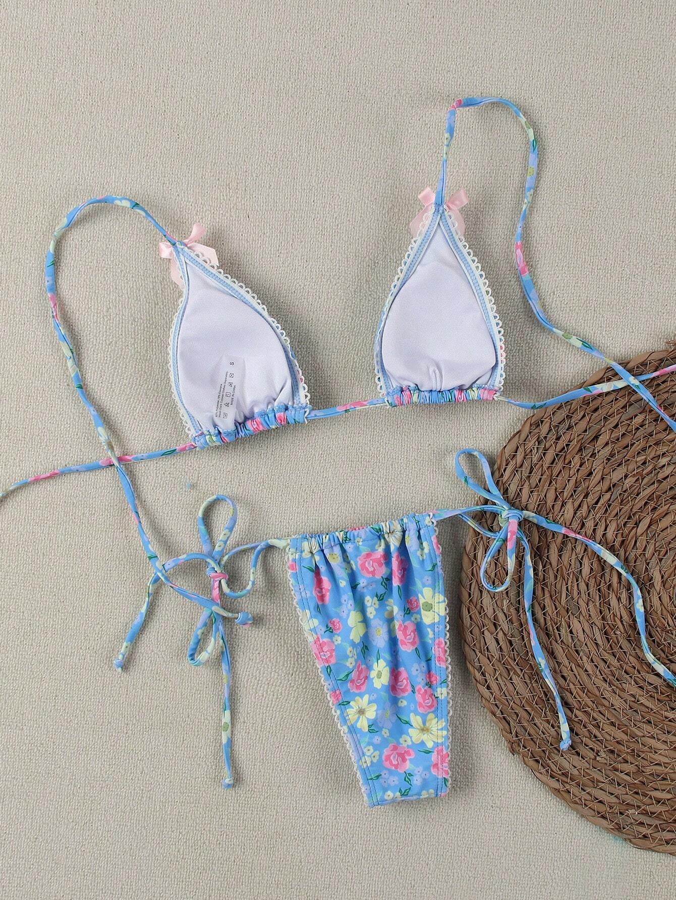 New Arrival Blue Floral Print Bikini Set With Bow Decor, Elegant Sexy Swimwear F