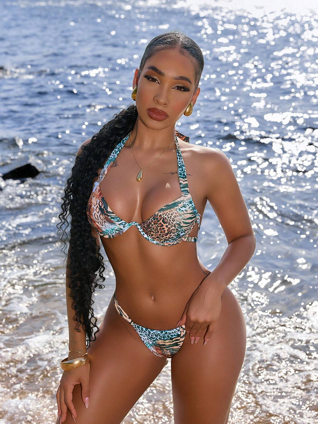 Swim SXY Leopard Print Halter Crop Top And Thong Bikini Set