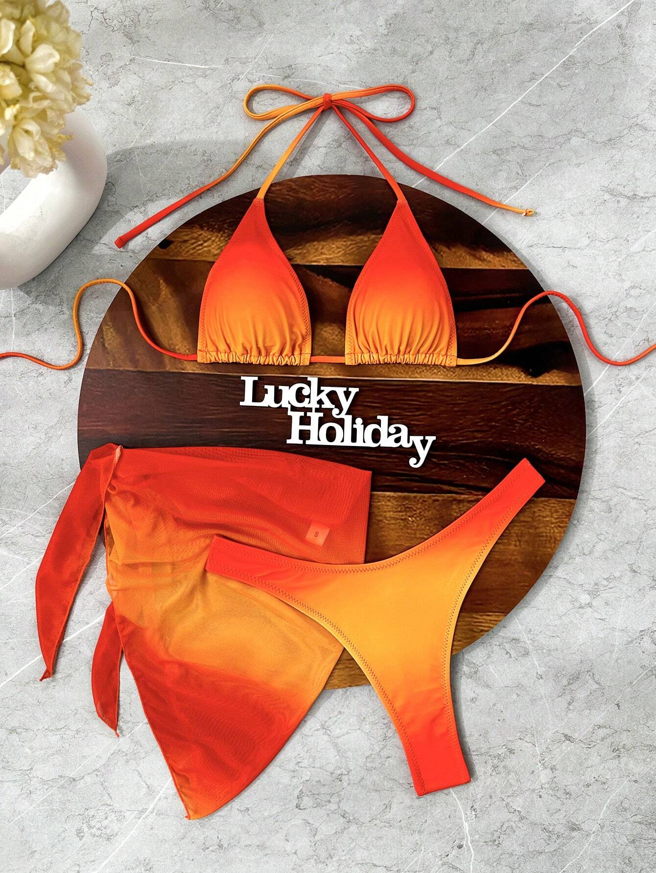 LUCKY HOLIDAY 3pcs Sexy Mesh Dress Bikini Set, Summer Vacation Beach
