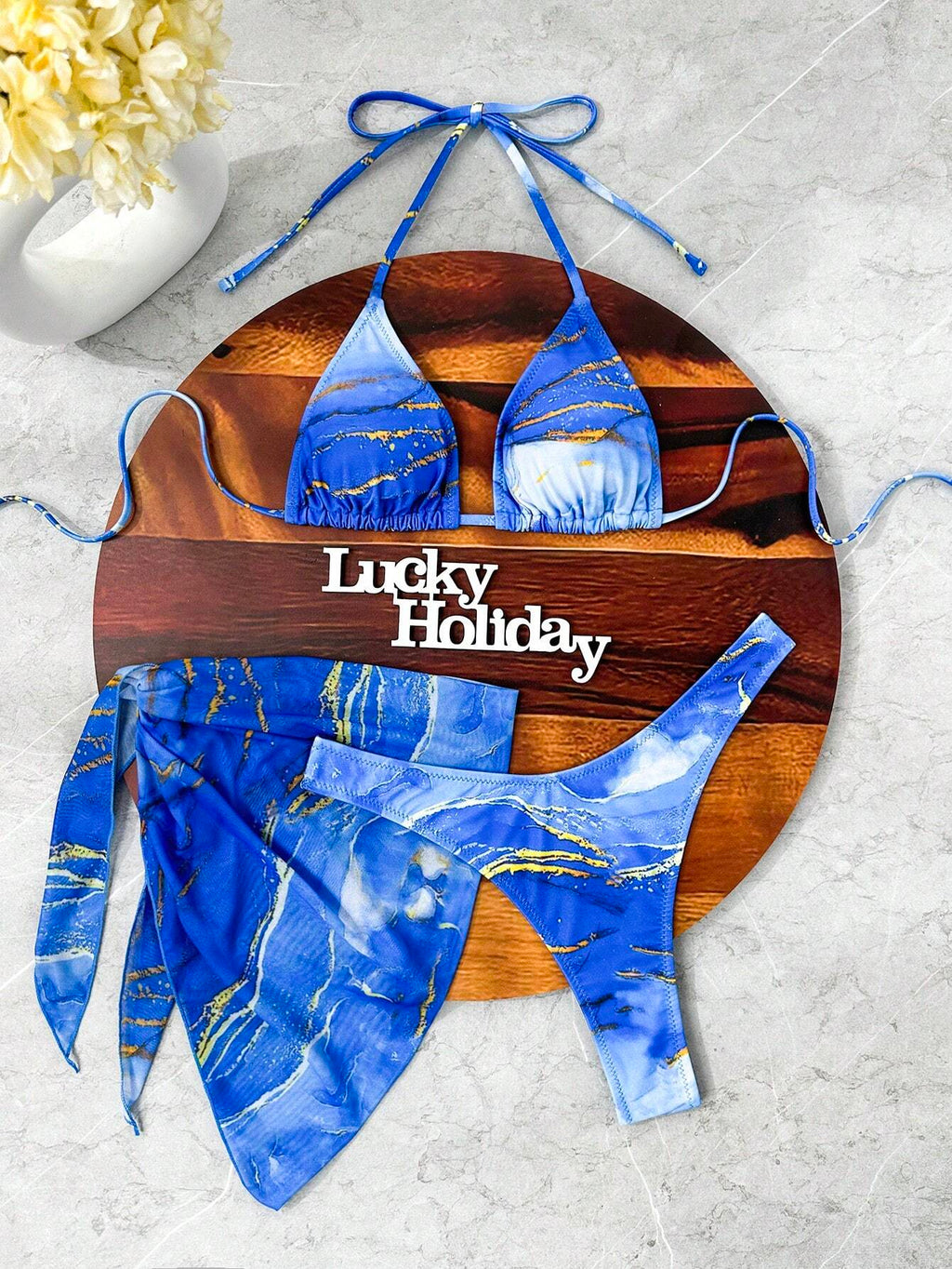 LUCKY HOLIDAY 3pcs Sexy Mesh Dress Bikini Set, Summer Vacation Beach