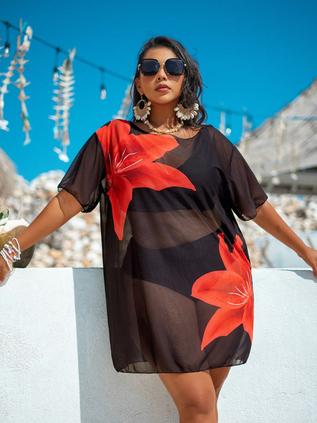Swim Lushoire Plus Size Women Loose Mesh Print Short Sleeve Beach Cover-Up Pullover For Summer Beach Vacation - image 10
