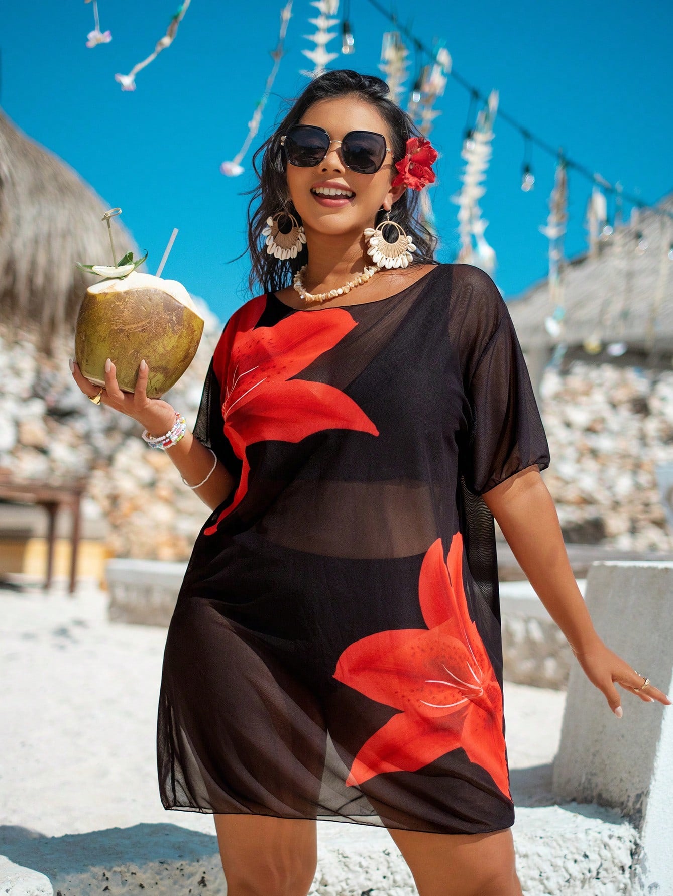 Swim Lushoire Plus Size Women Loose Mesh Print Short Sleeve Beach Cover-Up Pullover For Summer Beach Vacation - image 11