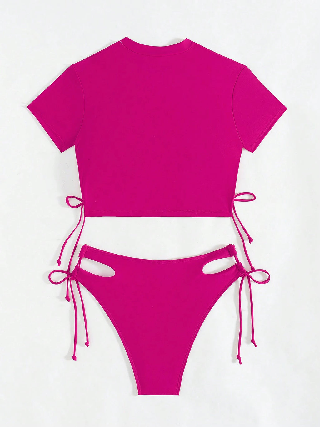 Swim Summer Beach Solid Bikini Set Short Sleeve Tee & Cut Out Tie Side Bottom 2