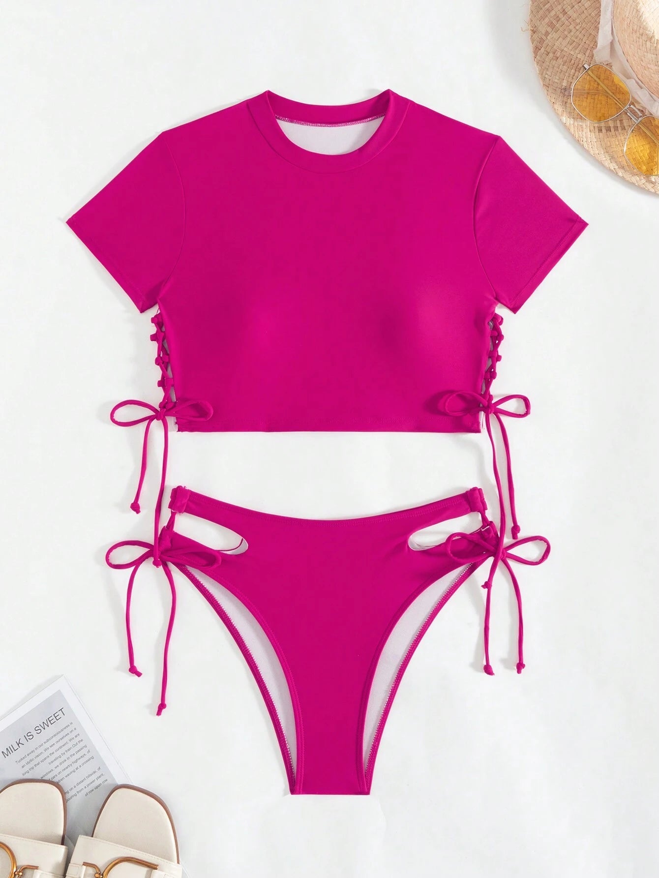 Swim Summer Beach Solid Bikini Set Short Sleeve Tee & Cut Out Tie Side Bottom 2