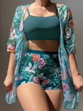 Swim Women Solid Color Camisole Swimwear With Floral Printed Shorts & Cover Up S