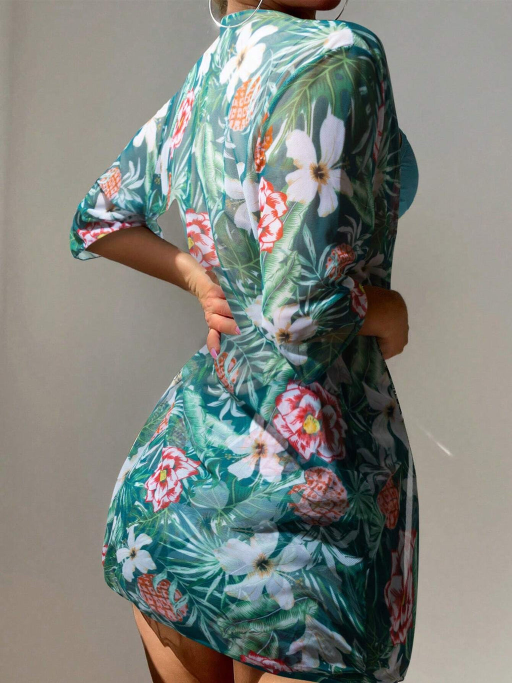 Swim Women Solid Color Camisole Swimwear With Floral Printed Shorts & Cover Up S