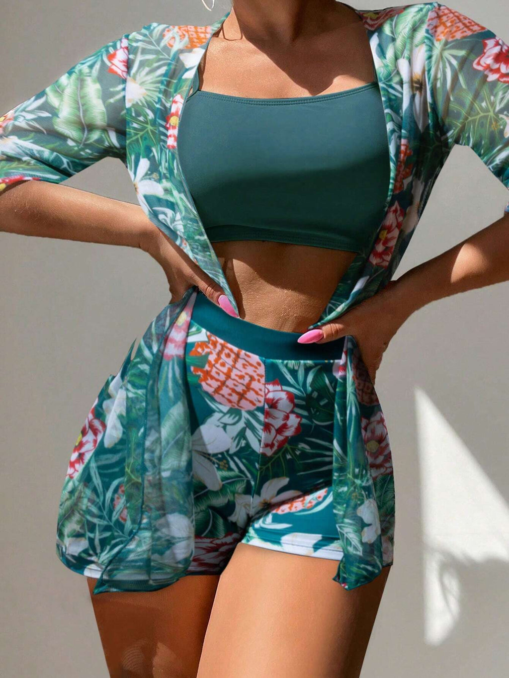 Swim Women Solid Color Camisole Swimwear With Floral Printed Shorts & Cover Up S