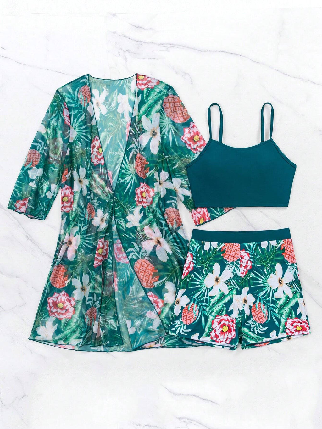 Swim Women Solid Color Camisole Swimwear With Floral Printed Shorts & Cover Up S
