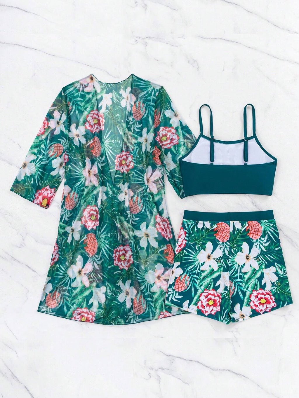 Swim Women Solid Color Camisole Swimwear With Floral Printed Shorts & Cover Up S