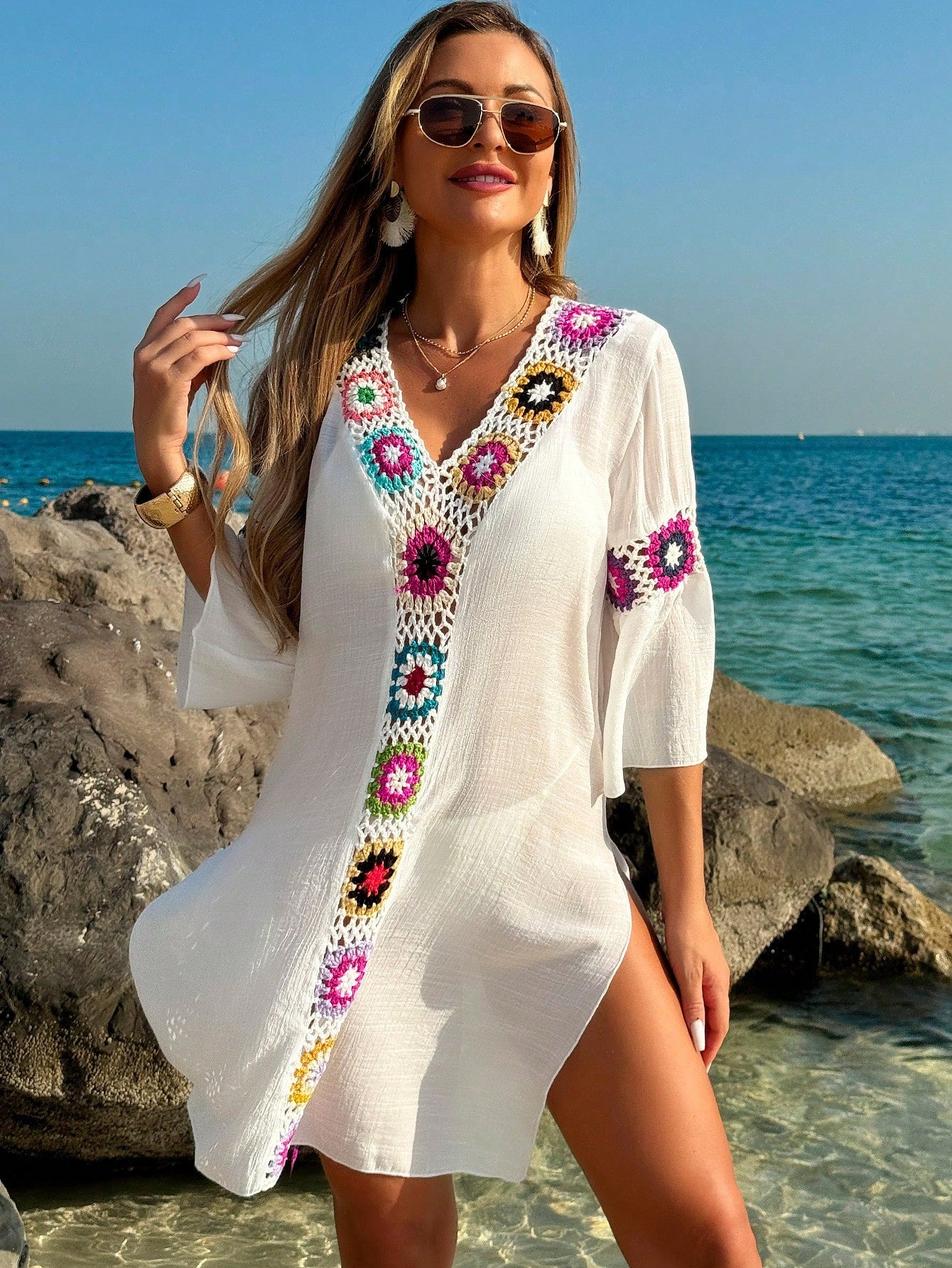 Swim Lushoire Women's V-Neck 3/4 Sleeve Crochet Floral Random Color Loose Side Slit Beach Cover Up Dress - image 8