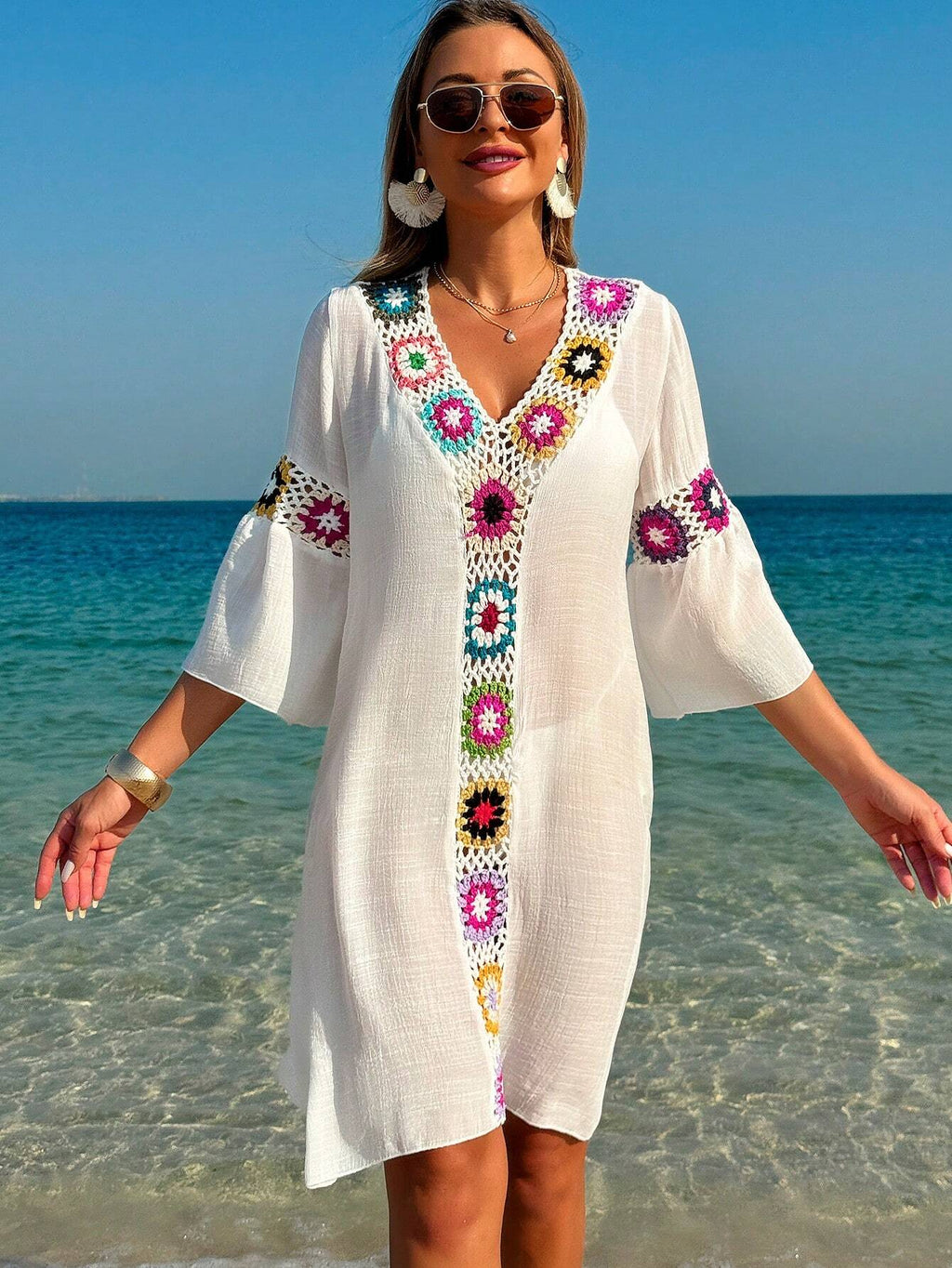 Swim Lushoire Women's V-Neck 3/4 Sleeve Crochet Floral Random Color Loose Side Slit Beach Cover Up Dress - image 10