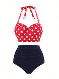 Swim Basics Women's Summer Polka Dot Print Underwire High Waist Bikini Set, Vacation Swimwear