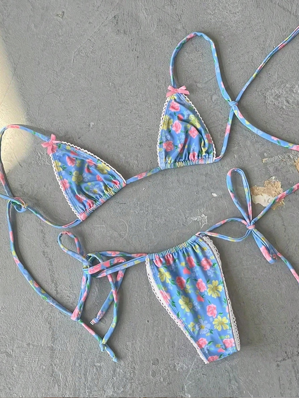 New Arrival Blue Floral Print Bikini Set With Bow Decor, Elegant Sexy Swimwear F