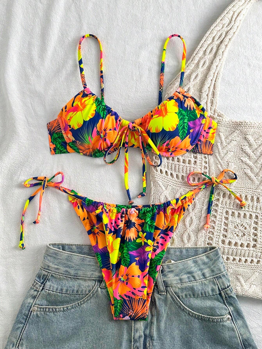 Swim Summer Beach Tropical Print Underwire Tie Side Bikini Set