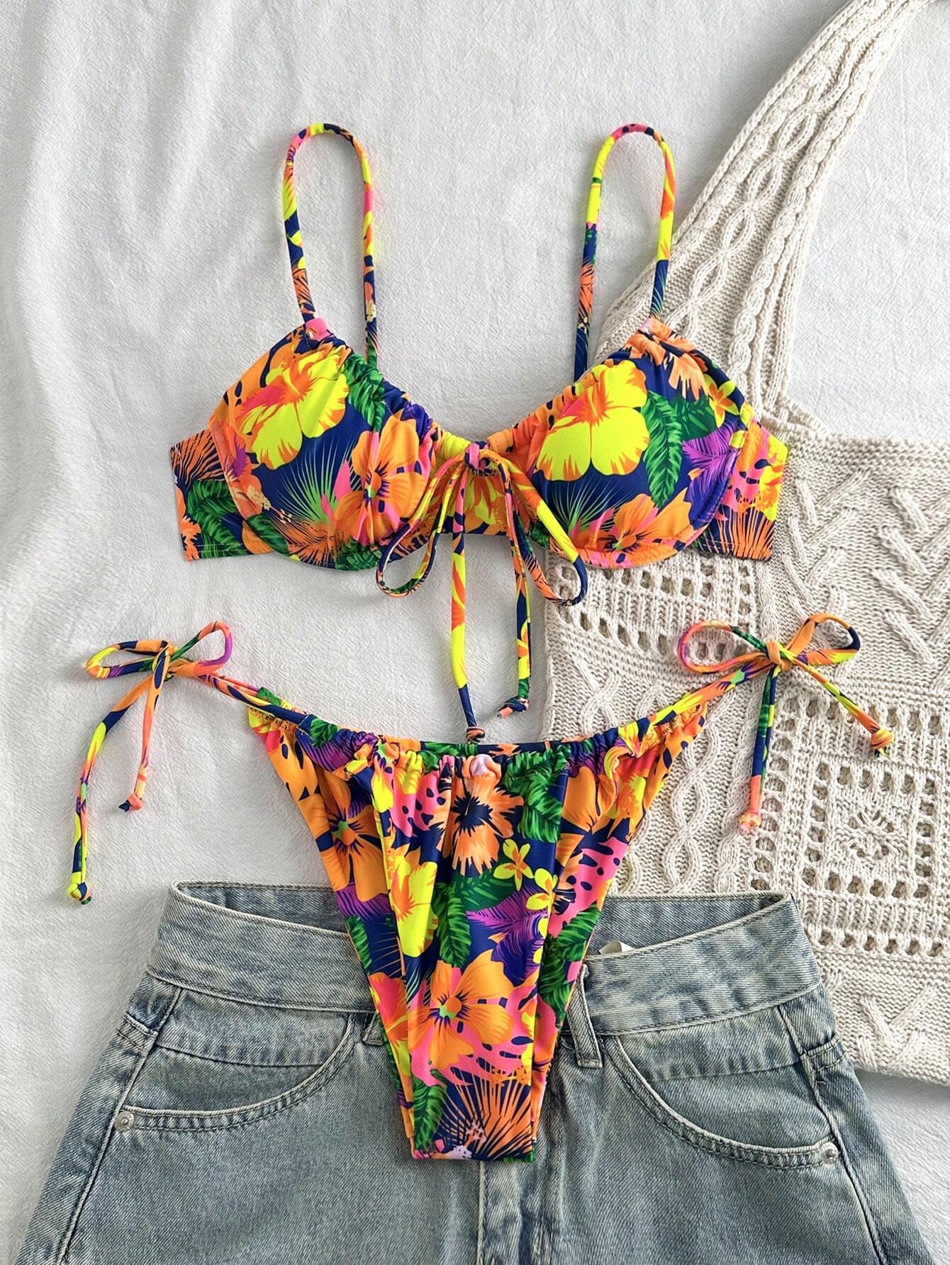 Swim Summer Beach Tropical Print Underwire Tie Side Bikini Set