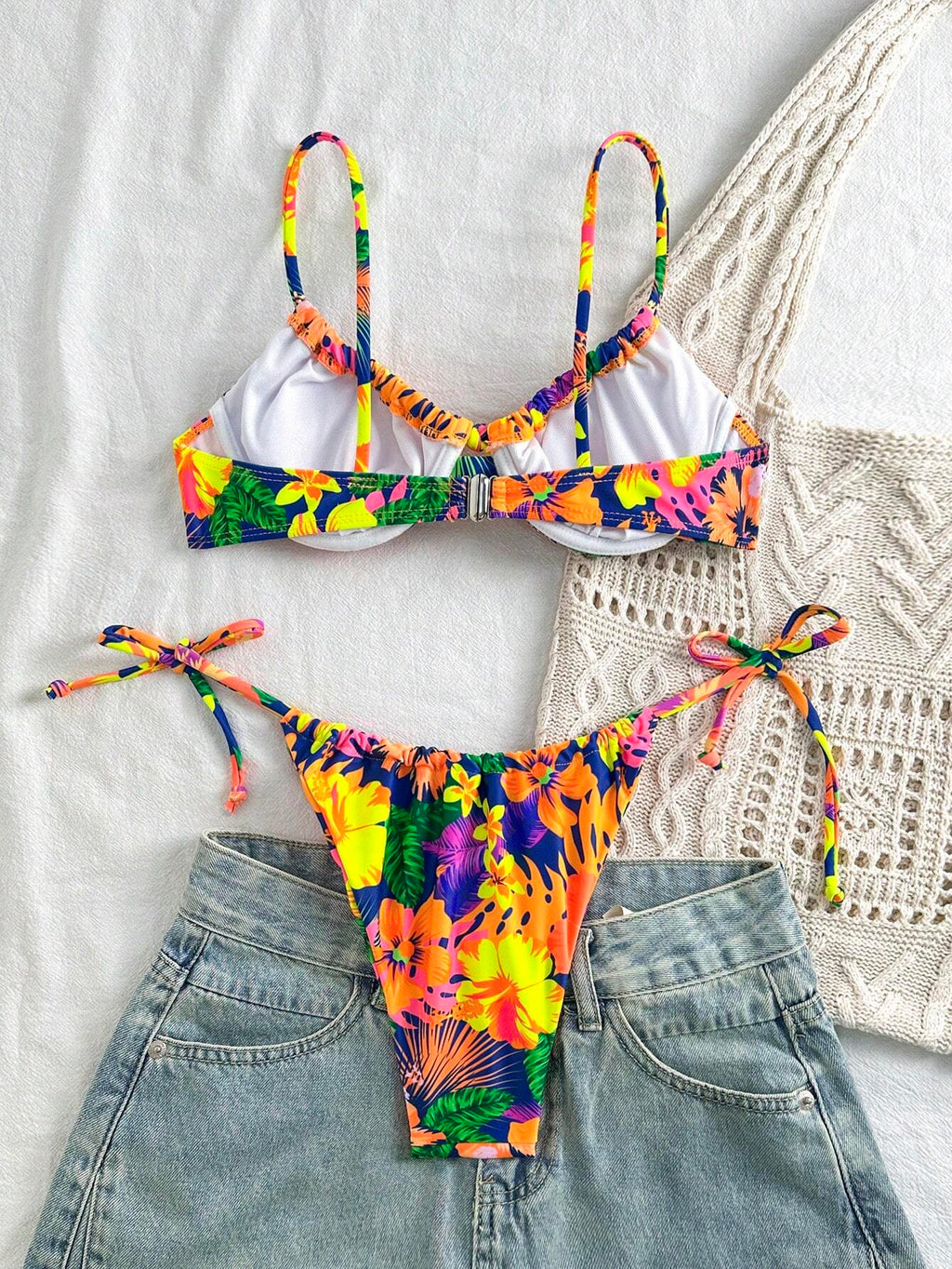 Swim Summer Beach Tropical Print Underwire Tie Side Bikini Set