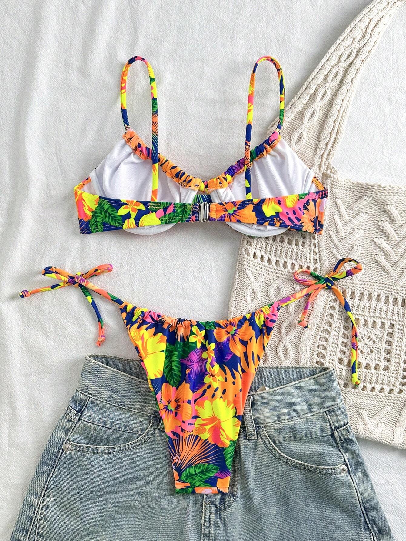Swim Summer Beach Tropical Print Underwire Tie Side Bikini Set
