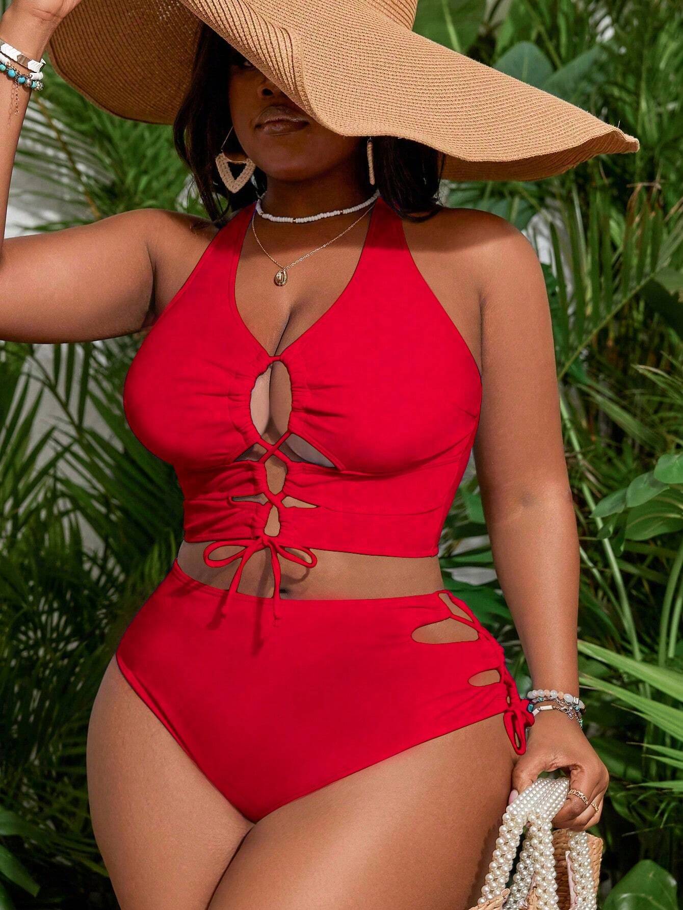 Slaydiva Plus Size Women's Contrast Color Tie-Up Design Sexy Bikini