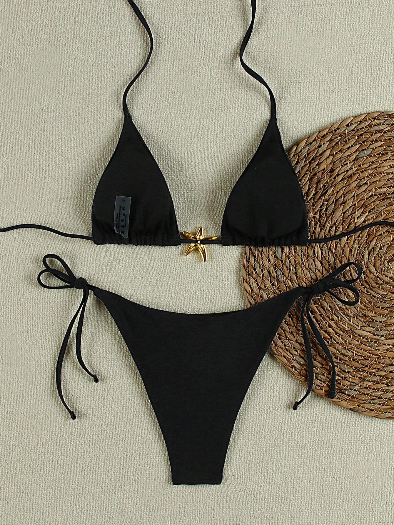 Summer Sexy Metal Starfish Decor Solid Color Women's Bikini Two