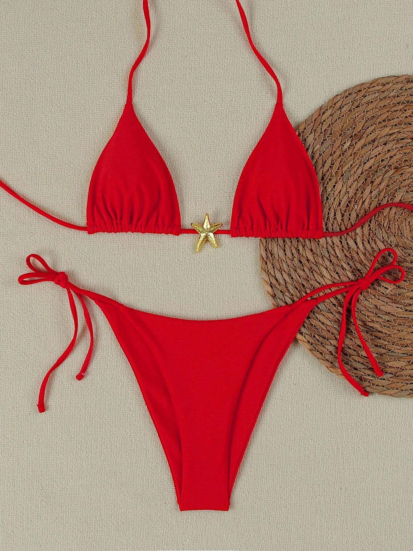 Summer Sexy Metal Starfish Decor Solid Color Women's Bikini Two