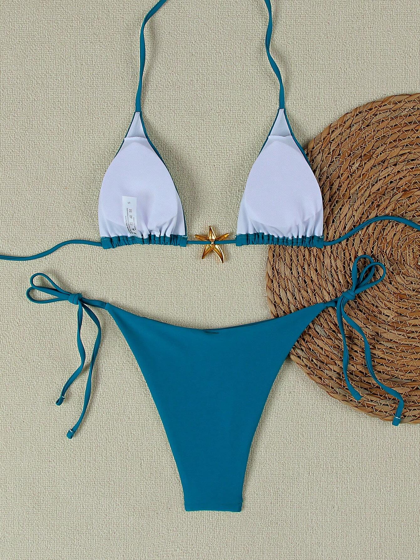 Summer Sexy Metal Starfish Decor Solid Color Women's Bikini Two