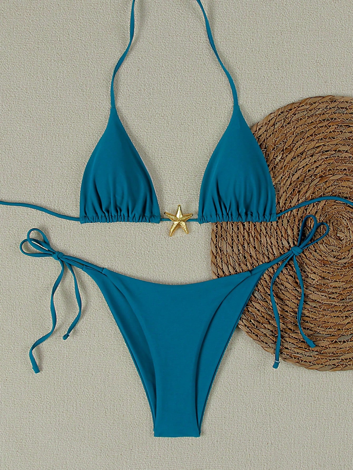 Summer Sexy Metal Starfish Decor Solid Color Women's Bikini Two