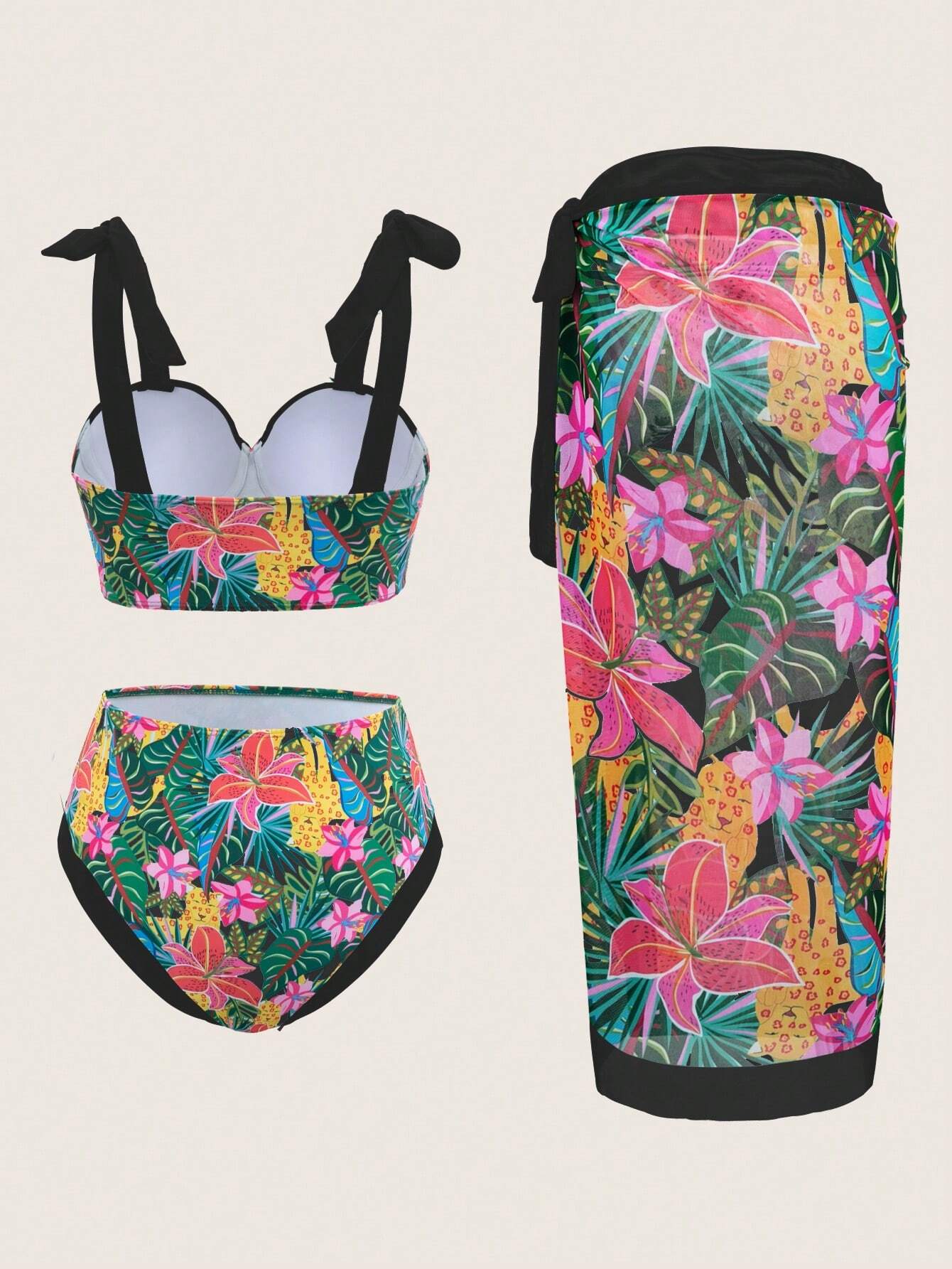 Swim Oasis 3pcs Women Bikini Set: Strappy Swimsuit + Triangle Bikini Bottom + Sarong Skirt For Summer Beach - image 3
