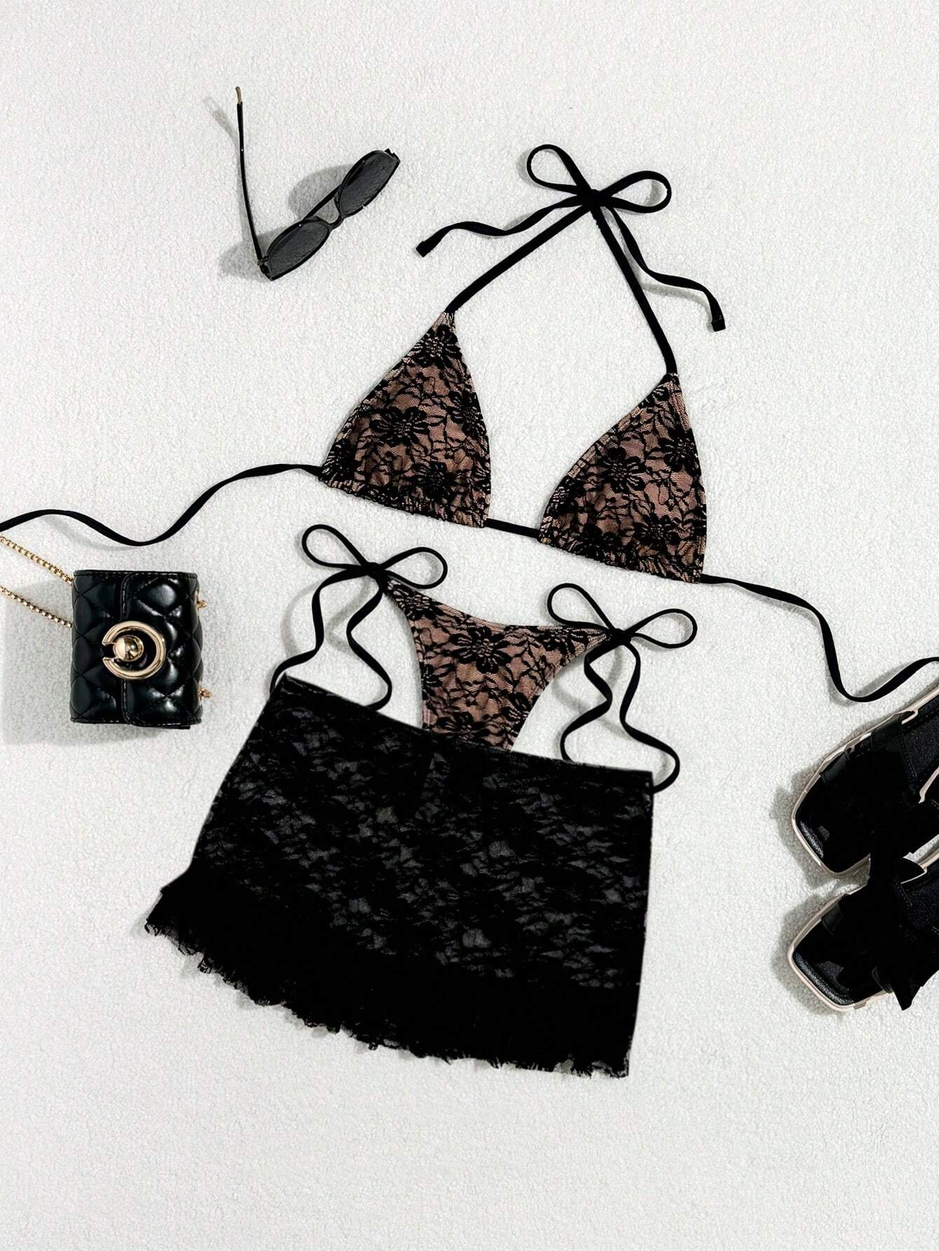 Swim Mod 3pcs/Set Women Sexy Solid Color Lace Flounce Hem Mini Skirt,